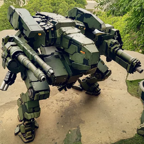 <lora:mecha:1>, mecha, robot, photograph, camouflage, outdoors, day, from above, shoulder cannon, cannon, no arms, size difference