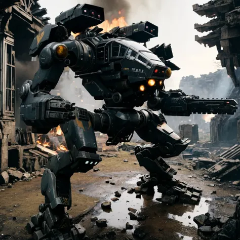 <lora:mecha:1>, photograph, highly detailed, mecha, robot, black skin, day, glass windsheild, outdoors, ruins, battle, size difference, cold light, burning, firing