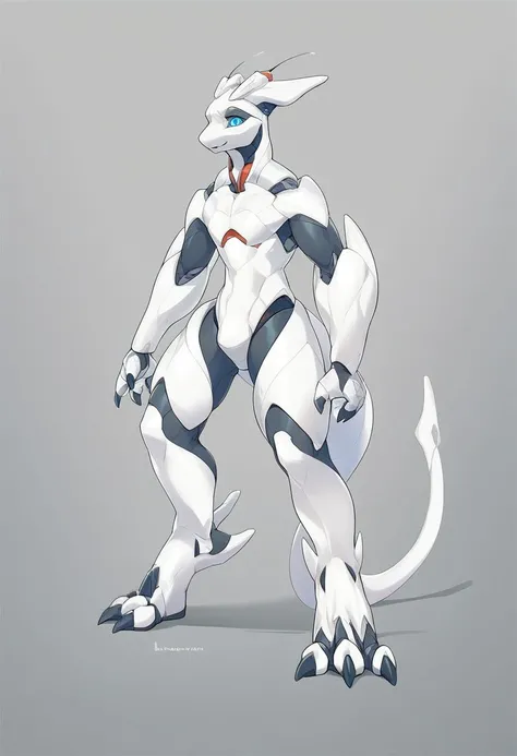 Source:anime, source:cartoon, score_9, score_8_up, score_7_up, score_6_up, score_5_up, score_4_up, (Masterpiece), (best quality), xn-d74, robot, furry male, white skin, mechanical tail, horns, blue eyes, claws,