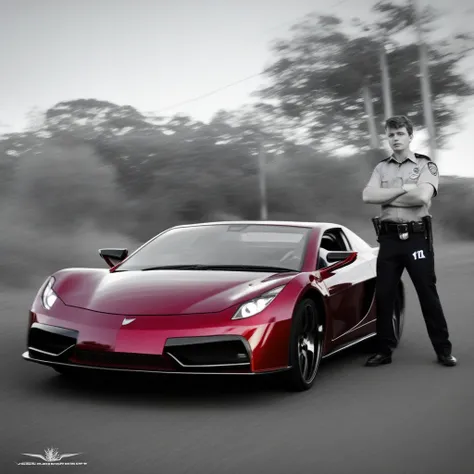 simple background, solo, vega evx, greyscale, tree, logo, police uniform, lights off, sports car, 1boy, dark, red car, vehicle, lights on, blood