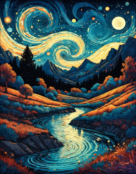 Art by James R. Eads, Swirling and flowing lines define the vivid landscapes and sky, drawing inspiration from Van Goghs Starry Night. each piece appears as a vision or a dream with psychedelic colors and a sense of movement that suggests a connection to t...