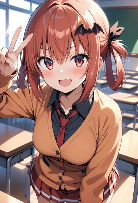 masterpiece, best quality, ultra detailed, very aesthetic,
1girl, satanichia kurumizawa mcdowell, gabriel dropout, fang, collared shirt, red hair, red eyes, hair rings, bat hair ornament, school uniform, red necktie, black shirt, pleated skirt, red skirt, ...