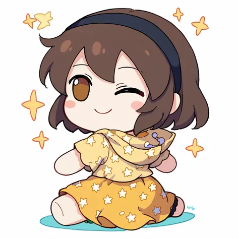 1girl, 
fumo doll, chibi, solo, yellow skirt, barefoot, character doll, smile, polka dot socks, brown eyes, looking back, hairband, blush stickers, white background, hood, brown hair, closed eyes, short sleeves, yellow shirt, one eye closed, shirt, ;3, loo...