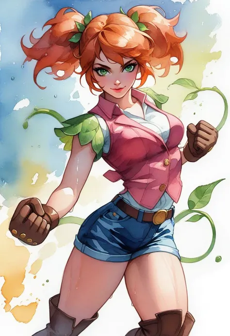 score_9, score_8_up, score_7_up, score_6_up, source_cartoon,Flora, 1girl, female, 21 y.o. female, solo, femenine, wet hair, orange hair, raised short twintails hairstyle,green eyes, pink lips, smile, pink vest, jean shorts, gloves, knee boots, medium breas...