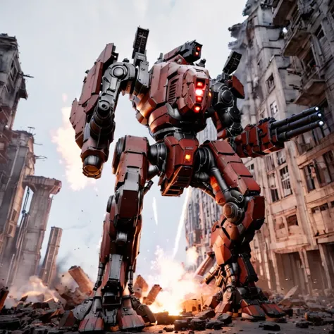 <lora:mecha:1>, photograph, volumetric lighting, highly detailed, mecha, robot, red skin, outdoors, day, from below, battle, firing, smoke, ruins, explosion, city, street, size difference, walking, glass windsheild