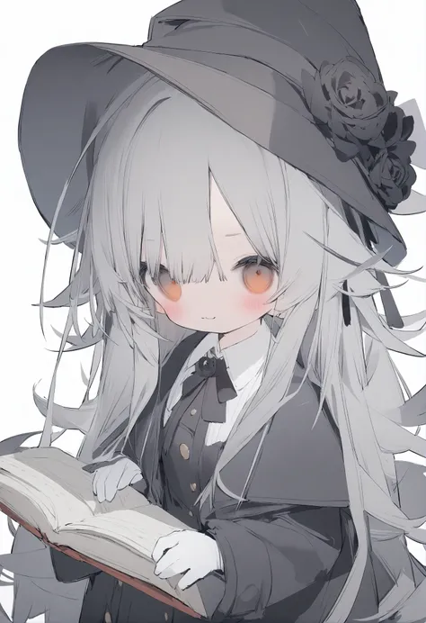 1girl, 
nanmokaken, 
shirt, grey hair, flower, gloves, orange eyes, ribbon, black rose, holding, black headwear, holding book, long hair, looking at viewer, rose, :3, neck ribbon, very long hair, black ribbon, simple background, black coat, white gloves, w...