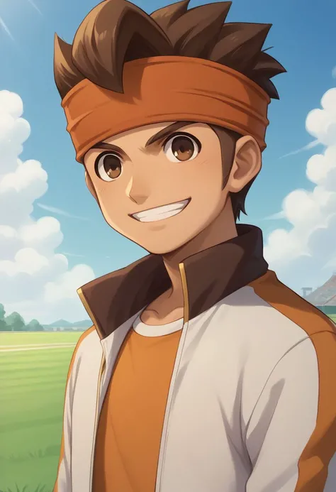 score_9, score_8_up, score_7_up, source_anime, highly detailed,
endou, 1boy, male focus, headband, solo, brown hair, brown eyes, jacket, pants, open jacket, track jacket, orange shirt, blue pants, upper body, smile, grin,
outdoor, grass, sky,