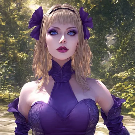 insanely detailed, detailed, detailed face, detailed eyes, good anatomy, perfect anatomy, perfection, beautiful, gorgeous, Lady Elvira Grey, Lady Elvira Grey (Fable), blonde hair, medium hair, purple dress, purple head ribbon, blue eyes, bare shoulders, fi...