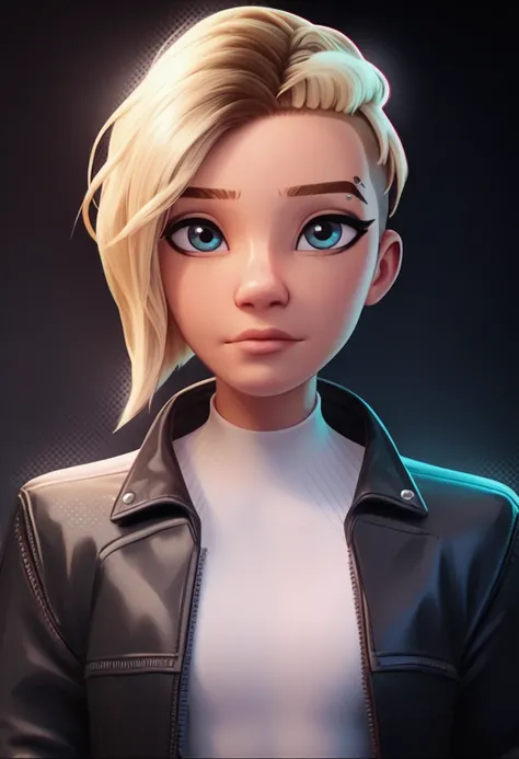 <lora:morales:0.8> score_9, score_8_up, score_7_up,  mrls, white 1girl, solo, perfect face, cute face, black eyeliner, long eyelashes,  blonde hair,  undercut , wearing leather jacket, white shirt,  slim waist, black pants, upper body, city black backgroun...