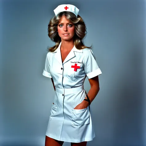 dressed as an nurse ttecwafharraf, the, her  photo  <lora:Farrah Fawcett SDXL:1>