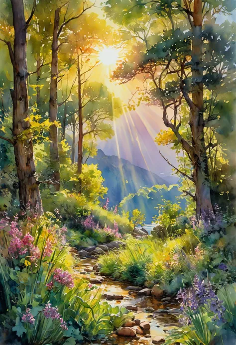 Masterpiece, perfect watercolor illustration, alcohol ink, crossed colors, landscape by Peder Mork Monsted, Erin Hanson, Claude Monet, Arthur Hughes, Melissa McKinnon, David Mack, highly detailed, dappled light, crepuscular rays, captivates with sharp focu...