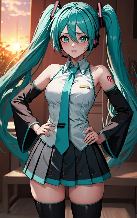 ((masterpiece, best quality)), insaneres, absurdres, solo, looking at viewer, 
MainOutfit_HatsumeMiku_ownwaifu, 
1girl, aqua eyes, aqua hair, hatsune miku, twintails, very long hair, hair ornament, bangs, hair between eyes, headphones, headset, shoulder ta...