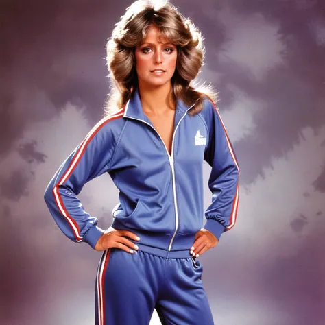 wearing a 80s jogging suit outfit ttecwafharraf, the, her  photo  <lora:Farrah Fawcett SDXL:1>