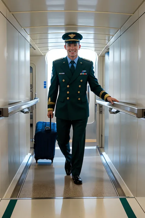 (jetway) leading to a commercial airline jet, walking pulling luggage roller bag behind him, AddisonGraham is an airline pilot, wearing (airline pilot uniform), airline captains hat, smiling, (((full body portrait))), wide angle  <lora:AddisonGraham:0.8>