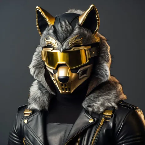 Man wearing helmet that looks like a wolf with a gold visor covering his eyes. His outfit  is urban leather with gold detailing