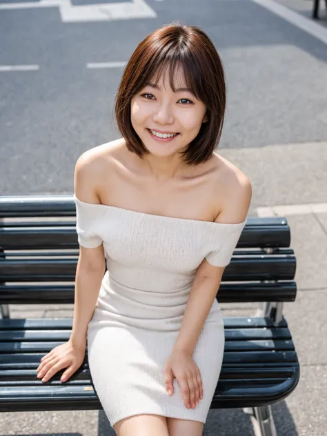 A photo of smiling [ <EM_1> | <EM_2> | <EM_3> ] wearing a white knit tube dress sits on bench on a street, medium-short dark brown hair, double eyelid, off shoulder, single-lens reflex, from above