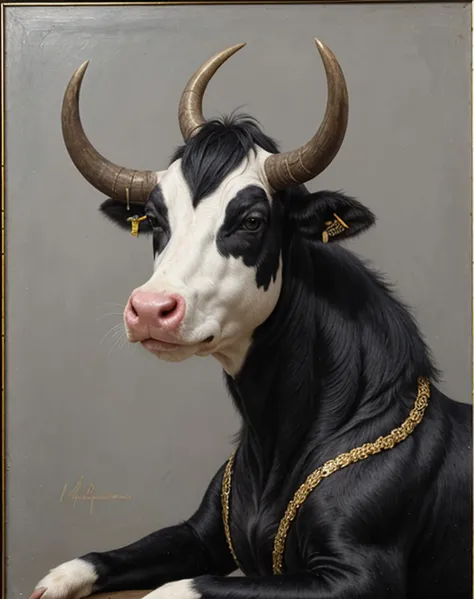 a professional absurdres intricately detailed 16th-century oil painting of a blue black and gold dragon sweet-talking a cow