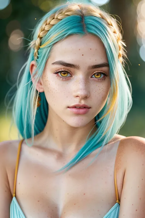 cinematic still anime artwork Medium format photo, (Young woman with cyan hair posing gently:1.2), Symmetrical balance, Soft features, Delicate freckles, (Subtle yellow eyeshadow:1.2), Creamy complexion, Nature-inspired beauty, (Authentic freckled skin:1.3...