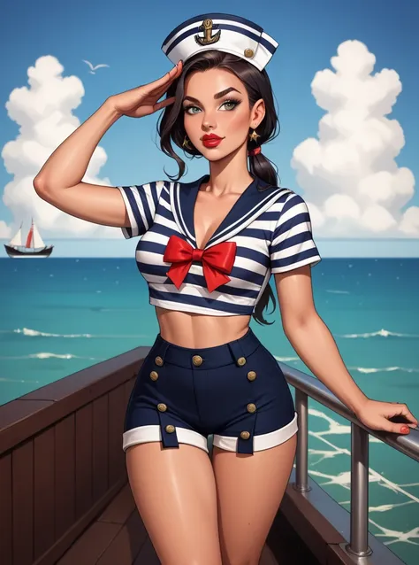 score_9, score_8_up, score_7_up, score_6_up, score_5_up, score_4_up, 1girl, Sleek Low Ponytail with a Wrap, hud_sxy_slr, striped crop top, shorts, sailor collar, hat, bow, buttons, lipstick, <lora:sailor-000008:0.7>, boat, ocean, day, cloud, salute