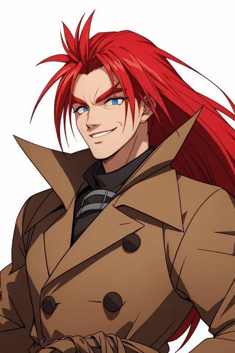 (gaav:1.2), upper body portrait, solo, vibrant colors, colorful, standing, white background, blue eyes, (long hair:1.1), looking away <lora:gaav-12v2:0.60>, (brown coat:1.2), (smile:1.1), spiked hair, redhead