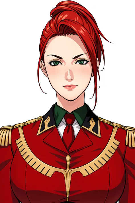 Simple White Background,
dynamic pose,standing at attention,
military uniform, military,red uniform, long sleeves, gold trim,red shirt,green necktie,
<lora:Monique_Cadillac_MSIGLOO-KK77-V1:0.7>,
green eyes, red hair,bangs,Long hair,
<lora:more_details:0.1>...