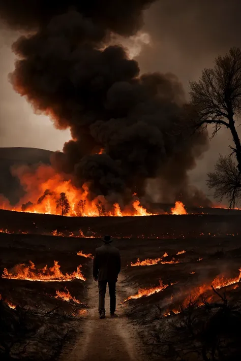 Medium long view photorealistic highly detailed 8k masterpiece, (Lone man in melancholy near burnt landscape:1.2), Symmetrical structure, Devastated woodland scene, Regretful stance, (Devastated terrain:1.3), Charred remains, Gloomy skies, Melancholic envi...