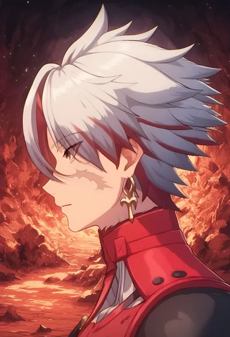 score_9, score_8_up, score_7_up, source_anime, rating_safe, Scarussy, official style, 1boy, male focus, closed mouth, eyes visible through hair, from side, scar across eye, portrait, hell background