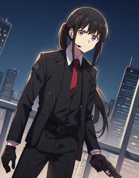 anime character with gun in hand standing in front of city skyline（inoue takina)