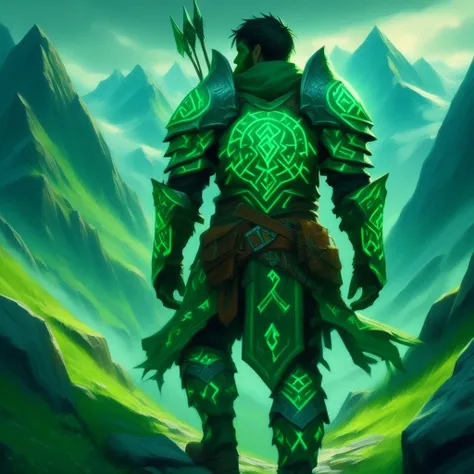 Glowing Runes, a man in glowing rune armor hiking through the mountains, glowing green runes