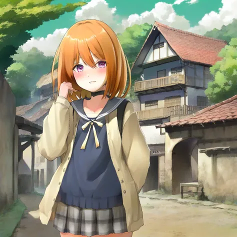 1girl,anime, village background