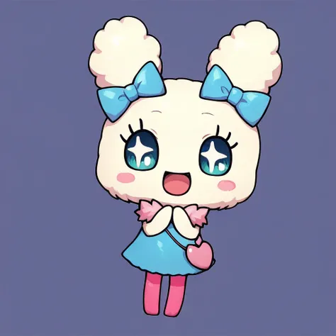 score_9, score_8_up, score_7_up, Tamagotchi, Lovelitchi, (solo), no humans, open mouth, full body, LOVELITCHI, BLUE EAR BOW, PINK FLUFF, BLUE DRESS, pink pantyhose, PINK HEART BAG, CUTE, KAWAII, FULL BODY