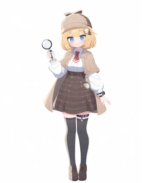 <lora:Vivid:1>,1girl, watson amelia (1st costume), virtual youtuber, watson amelia, blonde hair, blue eyes, solo, hat, bob cut, thighhighs, skirt, hair ornament, full body, necktie, white background, shirt, holding, red necktie, looking at viewer, smile, s...