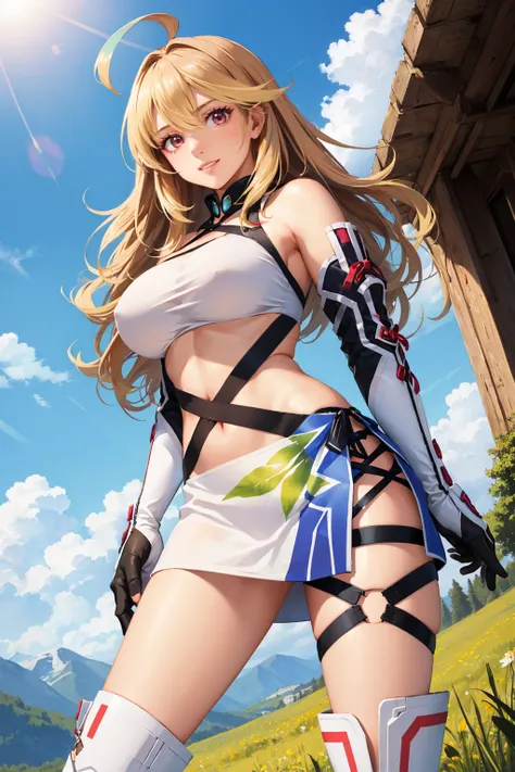 masterpiece, best quality, 1girl, <lora:toxmilla-nvwls-v1-000009:0.9> tox1milla, multicolored hair, ahoge, white tube top, black straps, harness, detached sleeves, black sleeves, black gloves, white miniskirt, knee boots, large breasts, mountains, field, c...