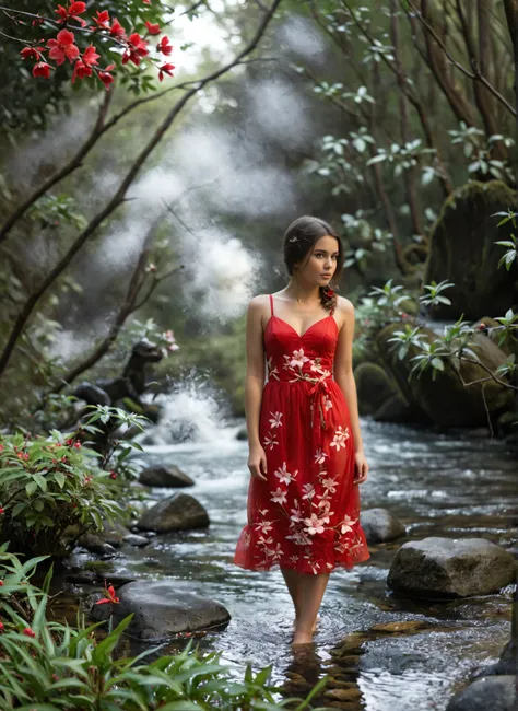 This striking photograph portrays a young woman standing in a serene, dimly-lit stream, surrounded by an almost mystical forest. The vivid red of her dress and the red blossoms on the rocks create a captivating contrast against the muted, cool-toned backgr...