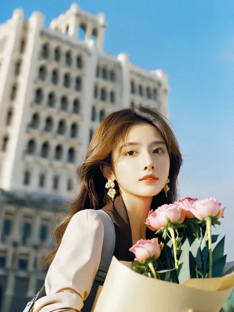 jiFilm,flower,1girl,brown hair,bouquet,long hair,sky,outdoors,jewelry,day,earrings,holding,solo focus,looking at viewer,pink flower,lips,building,<lora:20240611-1718040971673:1>,, (masterpiece, best quality, highres:1.2),