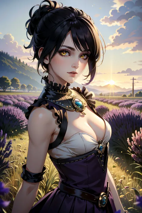 ((ultra detailed, masterpiece, absurdres))
 <lora:DAMorrigan:0.8>
DAMorrigan, 1girl, black hair, hair bun, yellow eyes, lavender field, midday, bright and vibrant with a sea of purple blooms