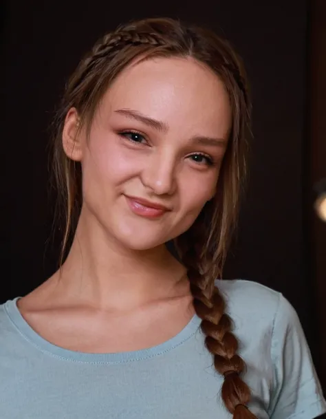 Karolina, half body, smiling, tshirt, black background, braided hair
