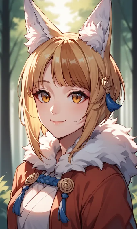 score_9, score_8_up, score_7_up, source_anime, 1girl, selkie, fox ears, fox tail, forest, hair ornament, happy, upper body, portrait, closed mouth, 