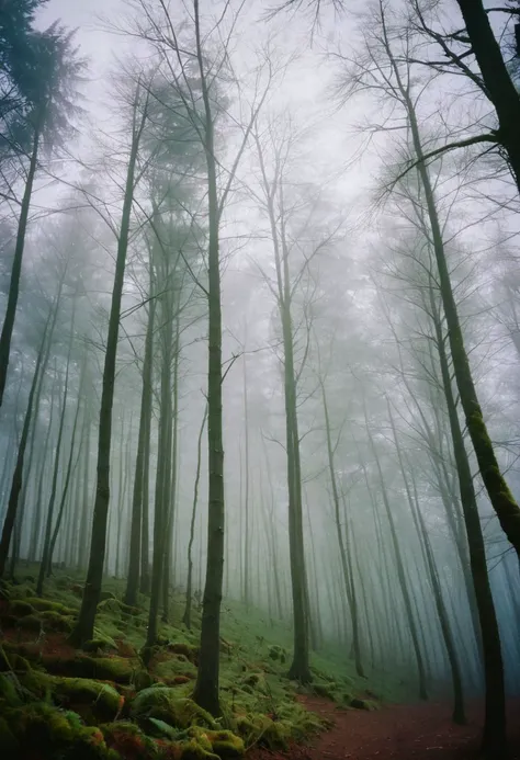 soaked_kaffee, instagramphoto, a foggy forrest somewhere in europe with some birds in the sky, soft shadows, filmgrain