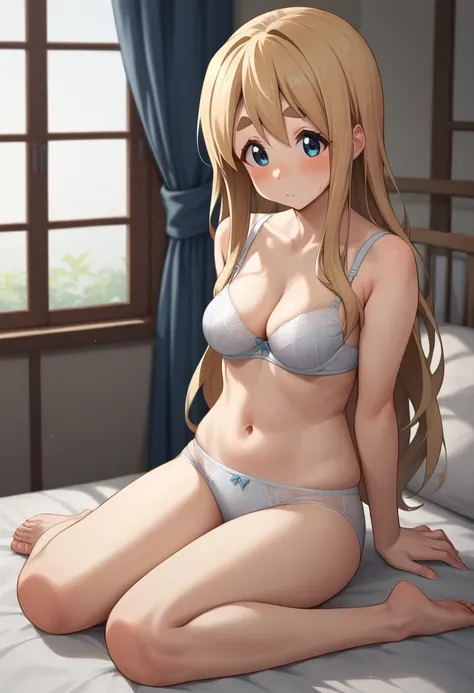 score_9,score_8_up,score_7_up,<lora:kotobuki_tsumugi_pony:1>,bottomless, bra, highres, navel, solo, blush, kotobuki_tsumugi, bad_pixiv_id, thick_eyebrows, 1girl, feet, bad_id, sitting, skindentation, barefoot