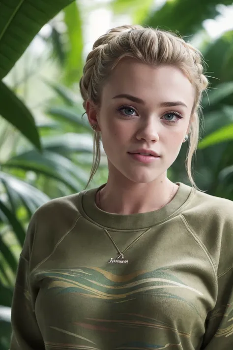 portrait of S440_ChloeRose,a gorgeous woman,in a (jungle:1.1),wearing a (sweatshirt),(updo-hair),(4k, RAW photo, best quality, 50mm, depth of field, ultra high res:1.1),(intricate, photorealistic, cinematic-shot, masterpiece, ultra-detailed:1.1),