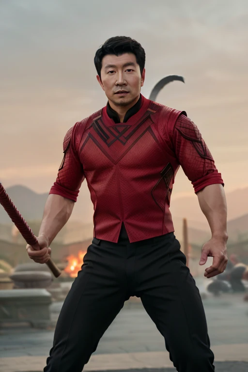 full body portrait of Simu Liu as Shang-Chi posing with a bo staff, muscular young Asian man, red jacket, black pants, professional photography, high resolution, 4k, detailed photo <lora:Simu_Liu_MCU_Shang-Chi:1>