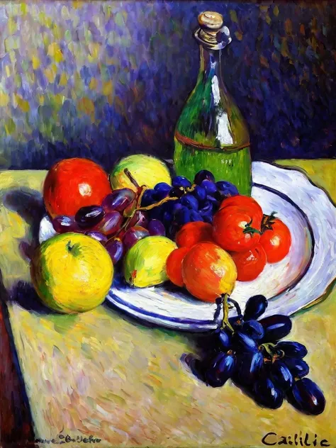 <lora:huixin10-000008:1.0>,
Impressionism, Caillebotte, still life, fruit, vegetables, grapes, apples, lemons, tomatoes, olives, oil painting, impressionist, colorful, textured, still life painting, Cézanne, 20th century, composition, vibrant colors, natur...