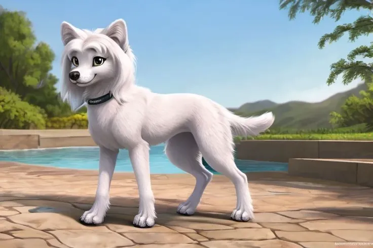 ((solo)), dog, iris, female, feral, tail, ((short legs)), standing, smile, anatomically correct, realistic fur, detailed, quadruped, collar, best quality, outside, , masterpiece, detailed eyes, detailed pupil, ((full body)),