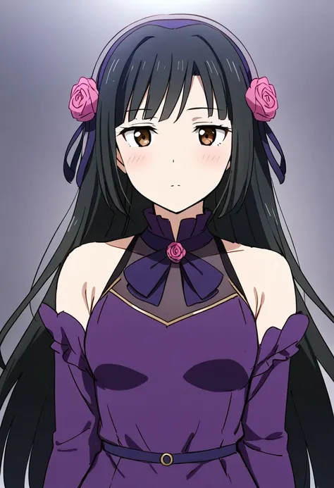 1girl, solo, kurobane_sakura, upper body, purple dress, pink rose, expressionless, looking at viewer, blush, best quality, masterpiece