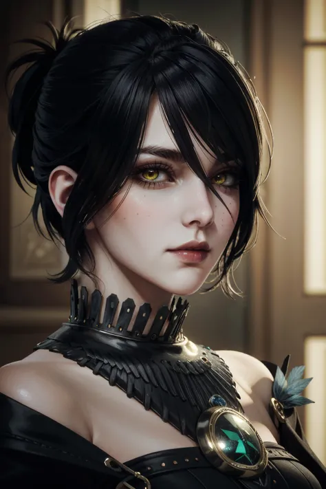 ((ultra detailed, masterpiece, absurdres))
 <lora:DAMorrigan:0.8>
DAMorrigan, 1girl, black hair, short hair, yellow eyes, portrait