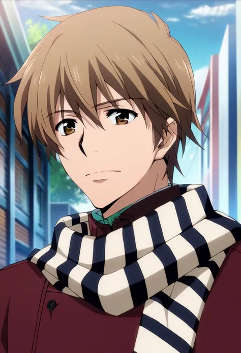 score_9, score_8_up, score_7_up, score_6_up, highly detailed, masterpiece, best quality,detailed,intricate details, amazing quality, best aesthetic, absurdres,source_anime,Futa_tyl, brown hair, brown eyes, striped scarf, red coat, 1boy<lora:EMS-397379-EMS:...