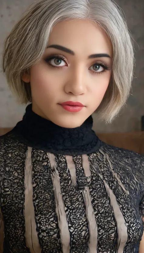 a femboy with short grey hair,beautiful detailed eyes,beautiful detailed lips,extremely detailed face and eyes,longeyelashes,flat chest,casual see-through short sleeve white top,posing casually,photorealistic,highly detailed,cinematic lighting,octane rende...