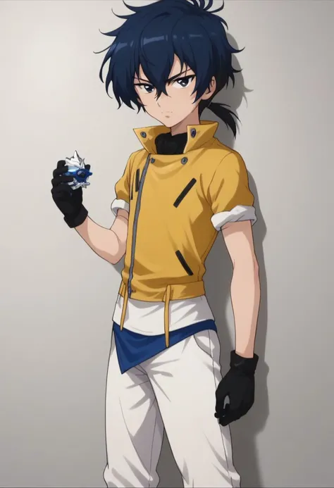 score_9, score_8_up, score_7_up, source_anime, highly detailed, 
samuru, 1boy, male focus, solo, gloves, blue hair, blue eyes, black gloves, pants, black hair, hair between hair, ponytail, low ponytail