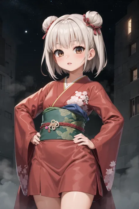 (masterpiece, best quality:1.2), 1girl, solo, cowboy shot,
on top of a building, at night, (heavy fog:1.3) and bright stars,
wearing a kimono,  hands on hips, 
lipstick, eyeshadow, (short hair:1.1), (double bun hair:1.1), (oily skin:1.1), 
<lora:butakoma:0...